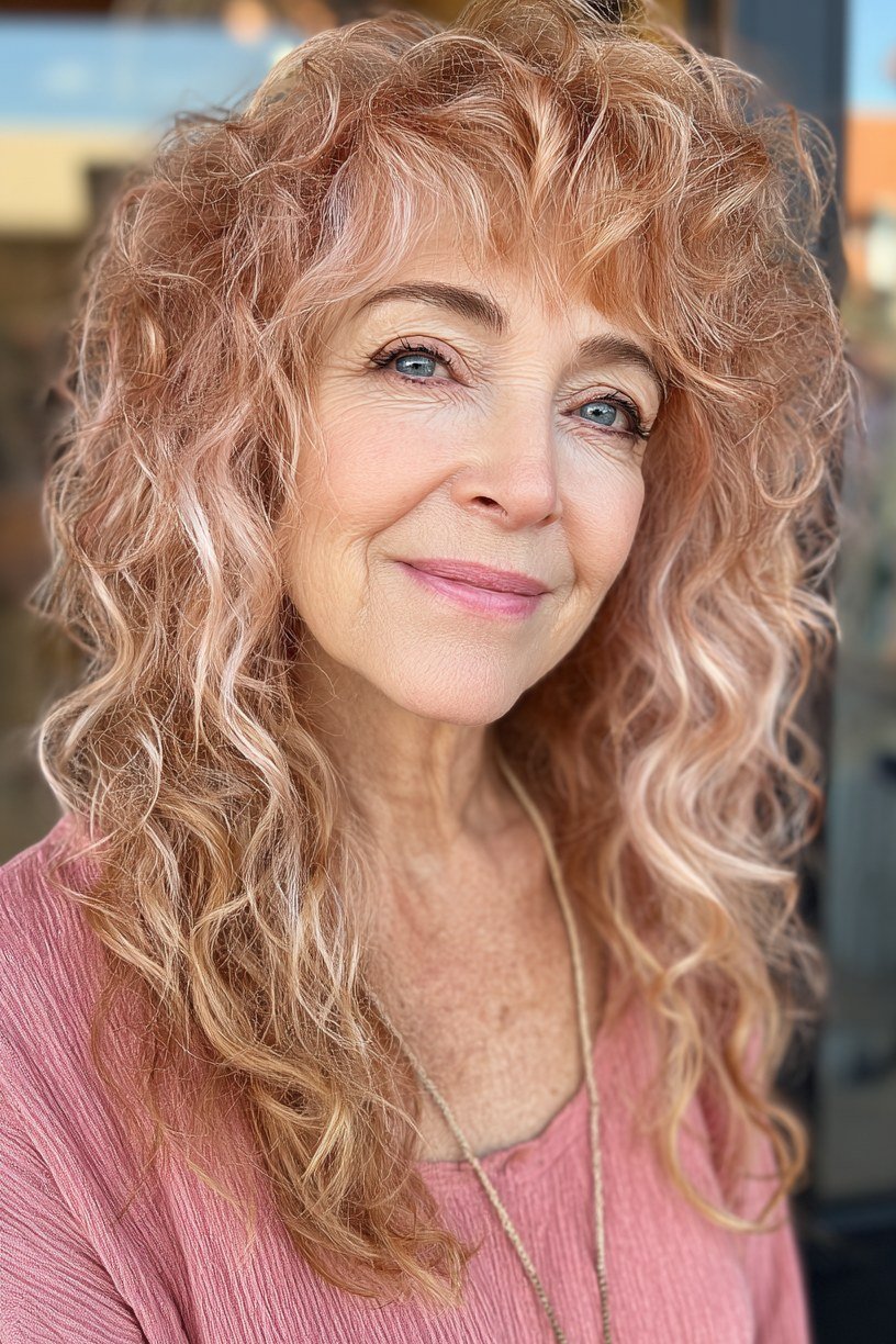 Blonde Long Curly Shag for women over 60, front view