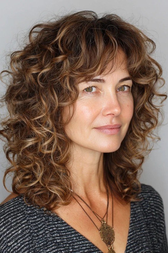 Layered Brown Long Curly Shag for women over 60, three-quarter view