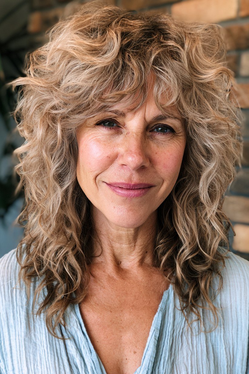 Bouncy Blonde Long Curly Shag for women over 60, front view