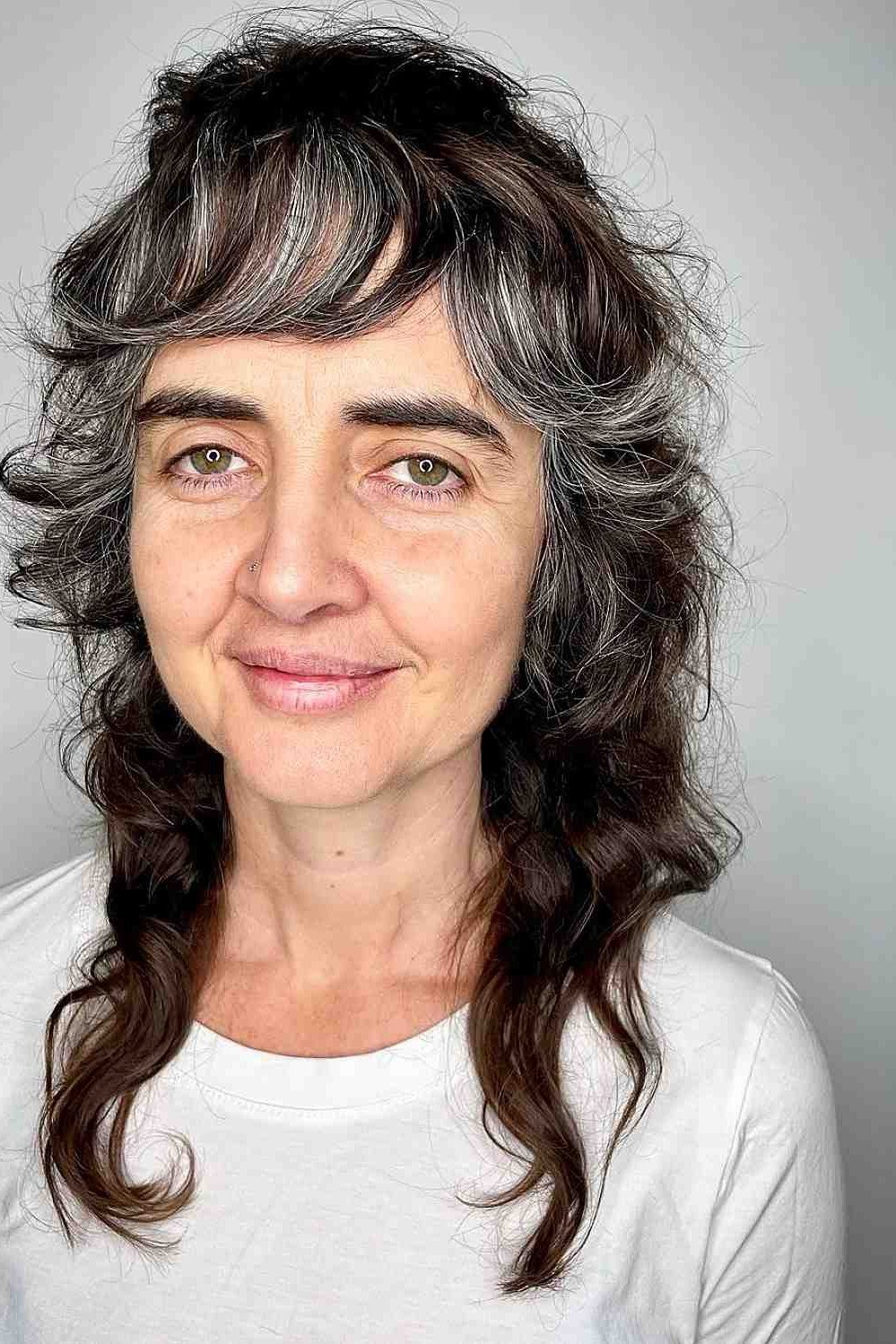 Silver Grey Long Curly Shag for women over 60, front view