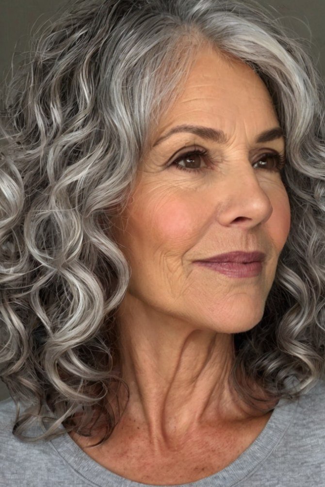 Soft Grey Long Curly Shag for women over 60, three-quarter view