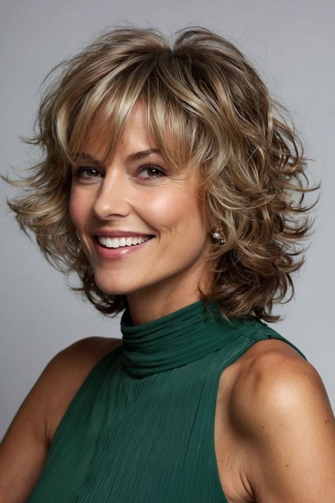 Blonde Wavy Shag With Fringe for women over 60, three-quarter view