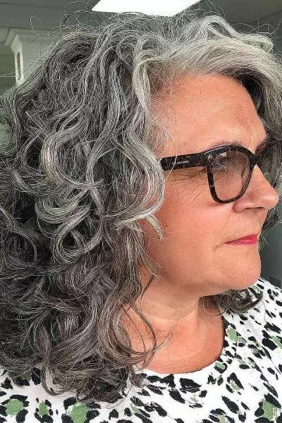 Grey Long Curly Shag With Glasses for women over 60, side view