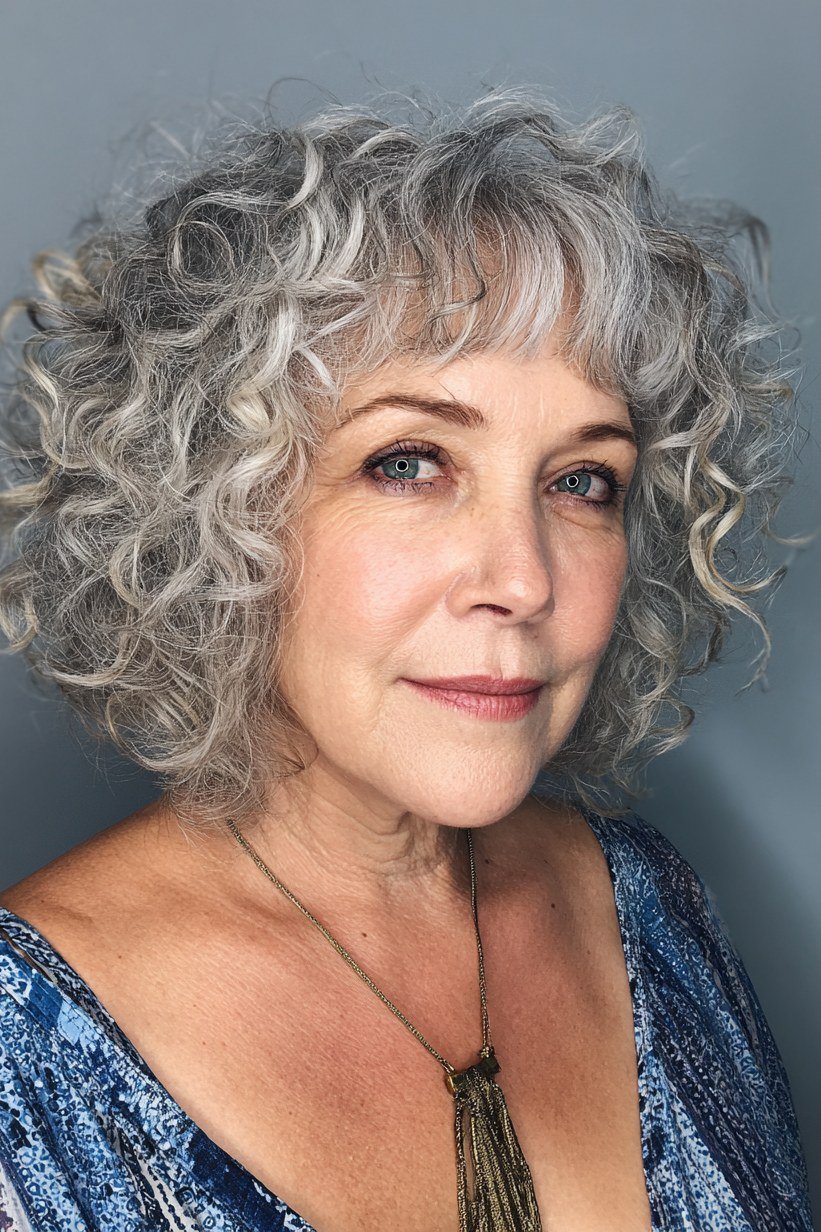 Grey Curly Shag With Curly Bangs for women over 60, front view