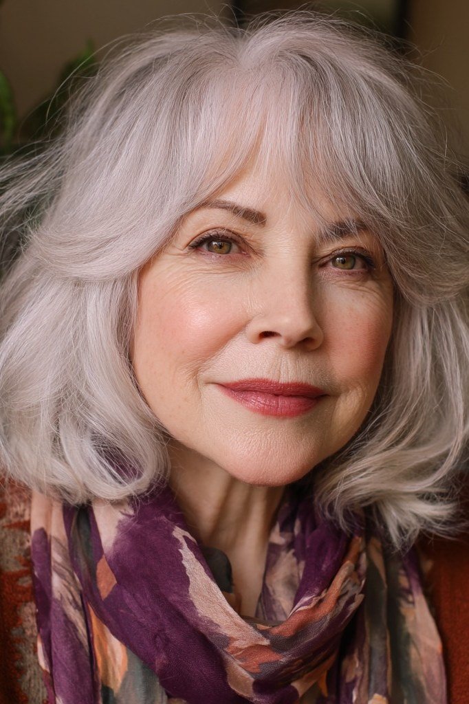 White Wavy Shag With Fringe for women over 60, front view