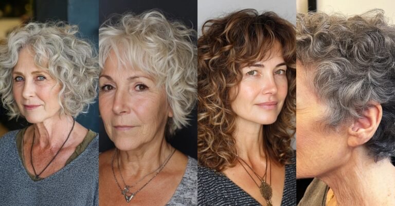 Curly shag hairstyles for women over 60 collage: grey, white and brown curly shag haircuts
