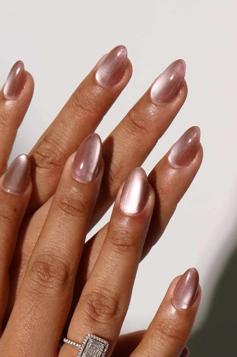 Rose-Gold Velvet Almond Nails, cashmere velvet nails for women over 50