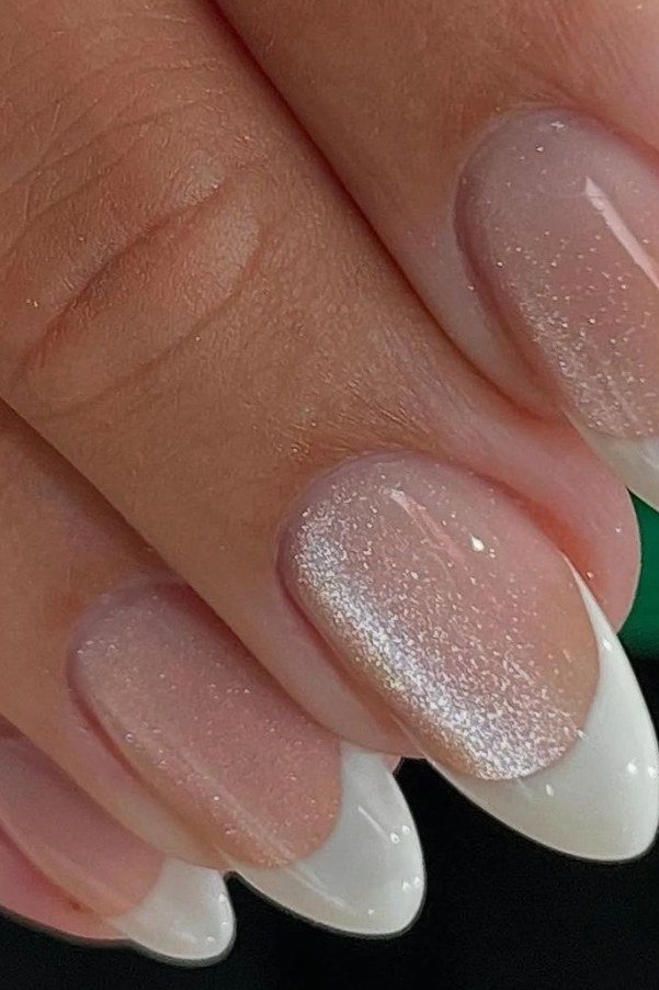 Pearl-Shimmer French Tip Almond Nails, cashmere velvet nails for women over 50