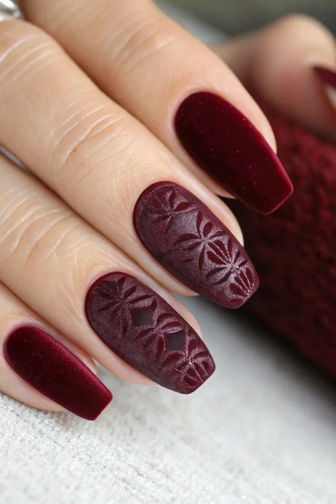 Deep Burgundy Textured Velvet Nails, cashmere velvet nails for women over 50