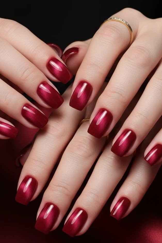Cherry-Red Velvet Round Nails, cashmere velvet nails for women over 50
