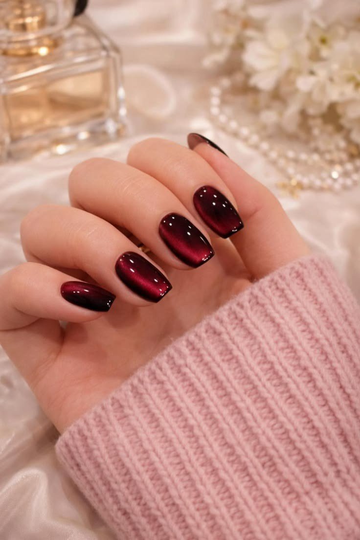 Burgundy Velvet Short Nails, cashmere velvet nails for women over 50