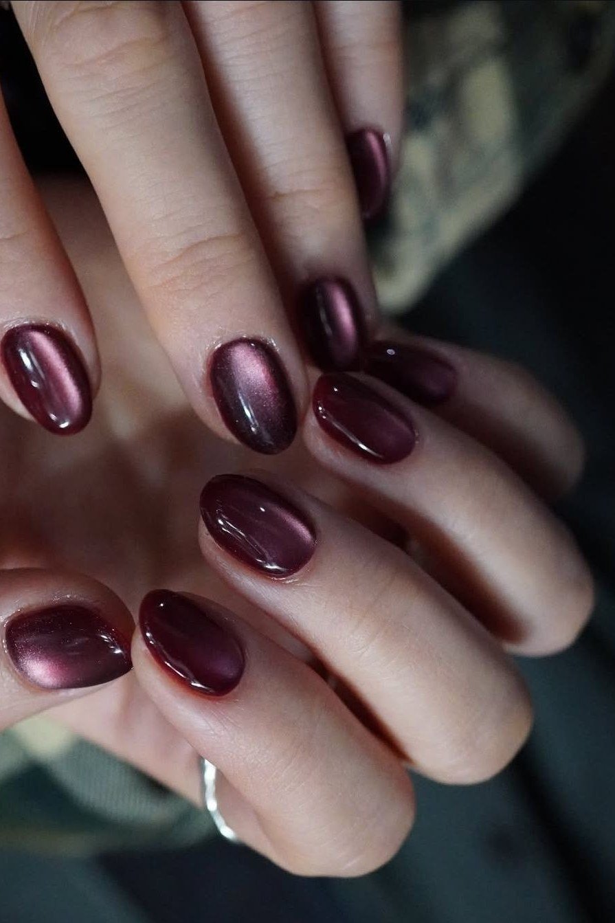 Burgundy-Plum Velvet Round Nails, cashmere velvet nails for women over 50