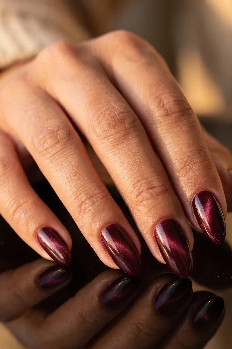 Dark Burgundy Cat-Eye Velvet Almond Nails, cashmere velvet nails for women over 50