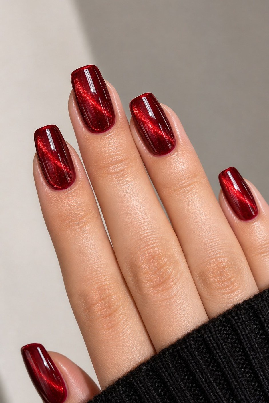 Cherry-Red Cat-Eye Velvet Square Nails, cashmere velvet nails for women over 50