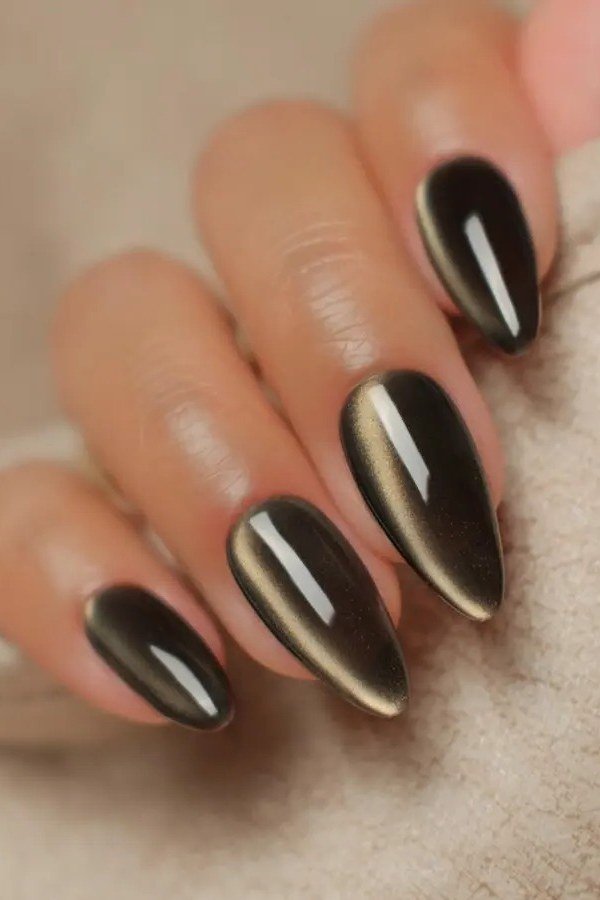 Olive-Black Cat-Eye Velvet Almond Nails, cashmere velvet nails for women over 50