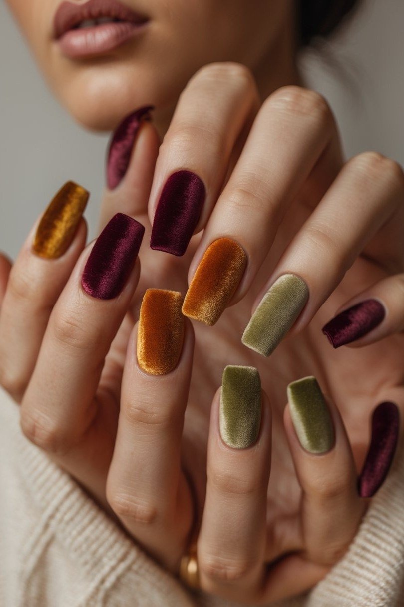 Fall Velvet Multi-Color Almond Nails, cashmere velvet nails for women over 50