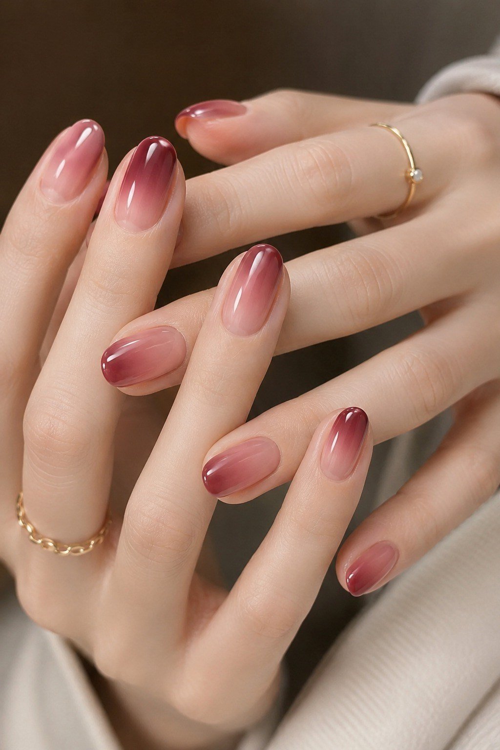 Rose-Burgundy Ombre Velvet Almond Nails, cashmere velvet nails for women over 50