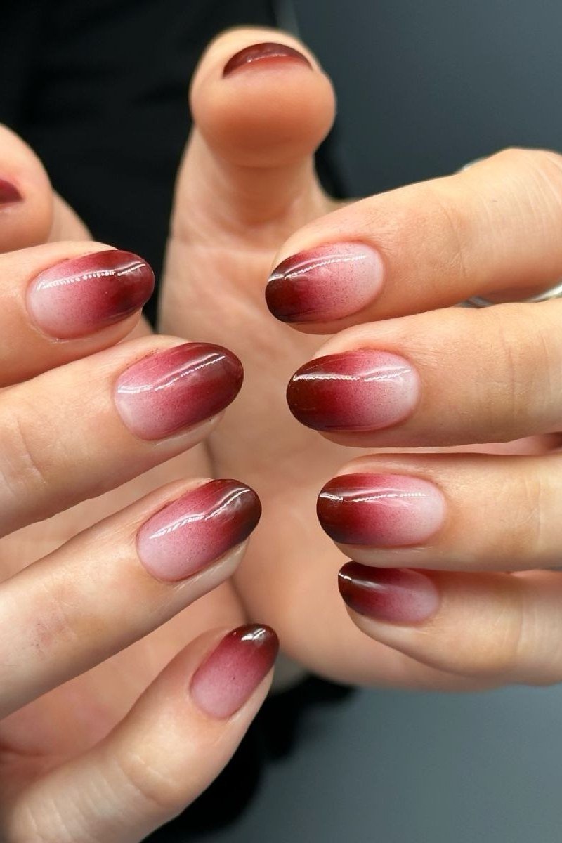 Burgundy Ombre Velvet Round Nails, cashmere velvet nails for women over 50