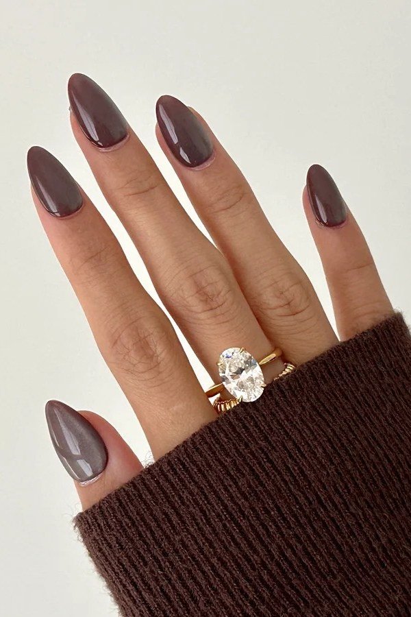 Chocolate-Burgundy Velvet Almond Nails, cashmere velvet nails for women over 50