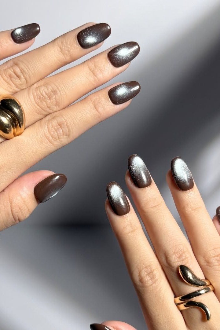 Graphite Cat-Eye Velvet Almond Nails, cashmere velvet nails for women over 50