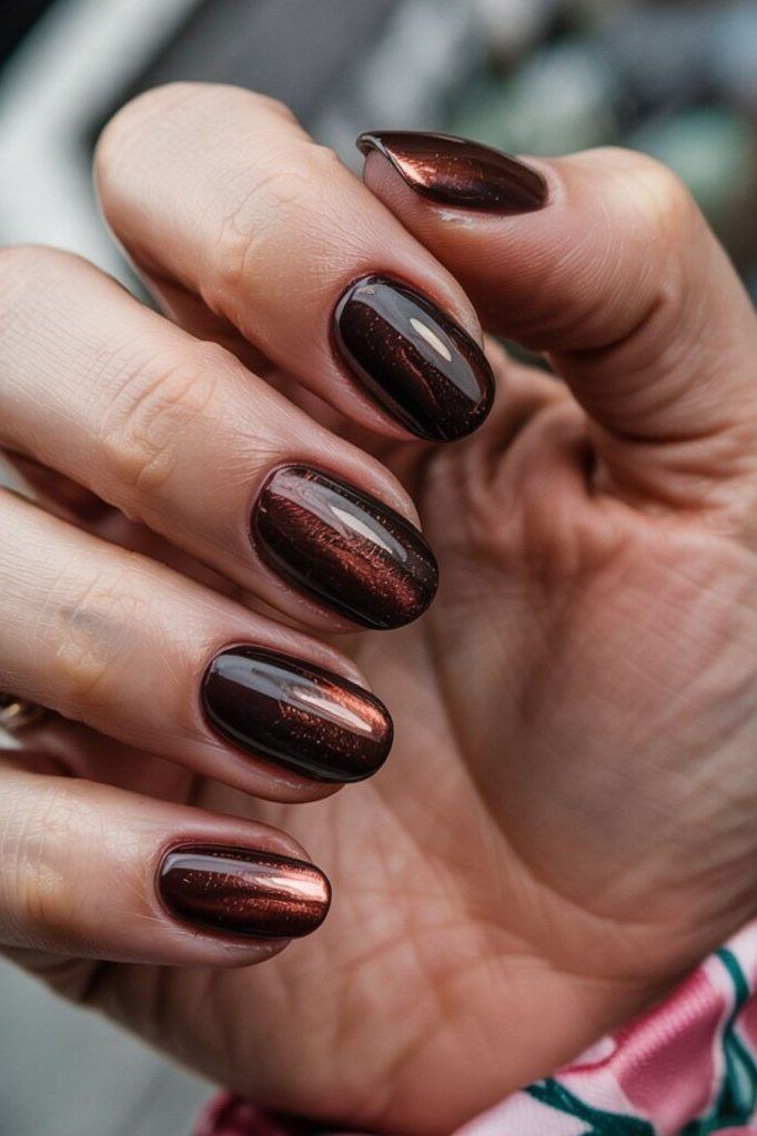 Dark Chocolate Cat-Eye Velvet Round Nails, cashmere velvet nails for women over 50