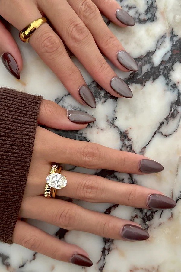 Chocolate Velvet Almond Nails, cashmere velvet nails for women over 50