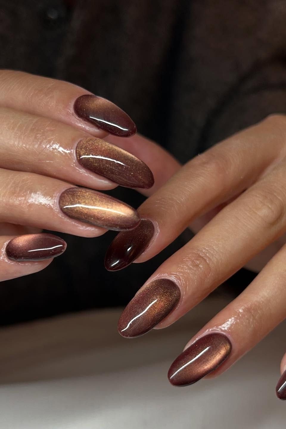 Bronze-Caramel Cat-Eye Velvet Almond Nails, cashmere velvet nails for women over 50