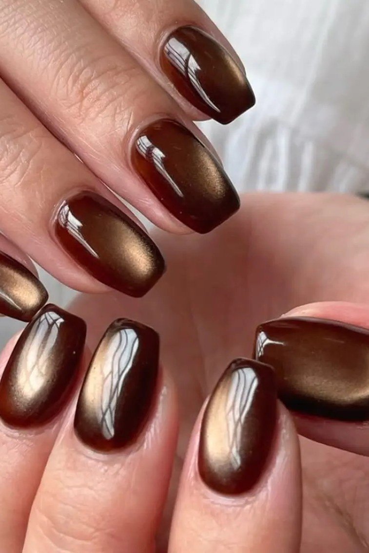 Chocolate Cat-Eye Velvet Almond Nails, cashmere velvet nails for women over 50
