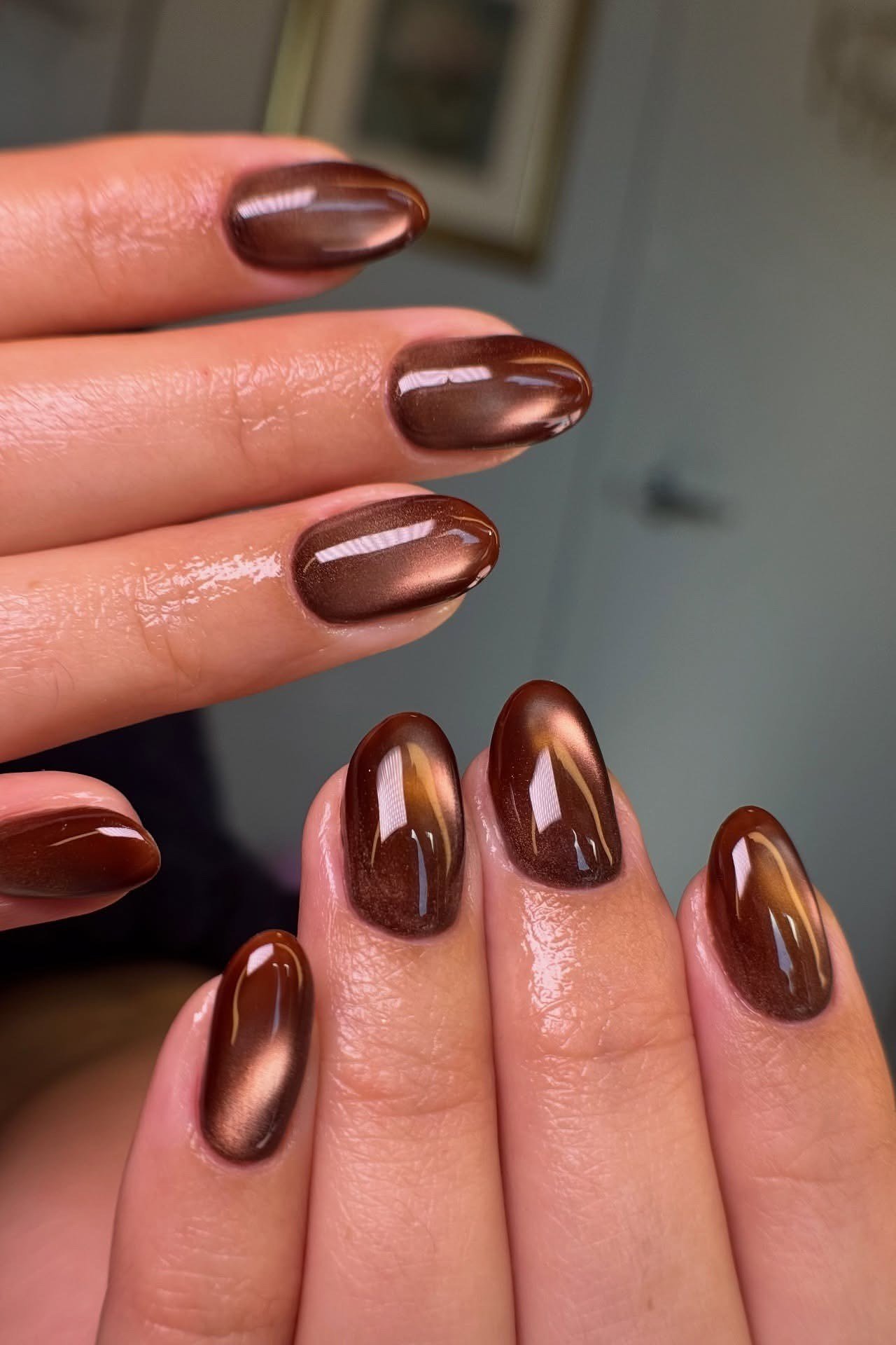 Bronze Cat-Eye Velvet Oval Nails, cashmere velvet nails for women over 50