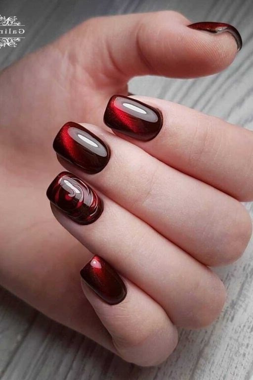 Burgundy Cat-Eye Velvet Round Nails, cashmere velvet nails for women over 50