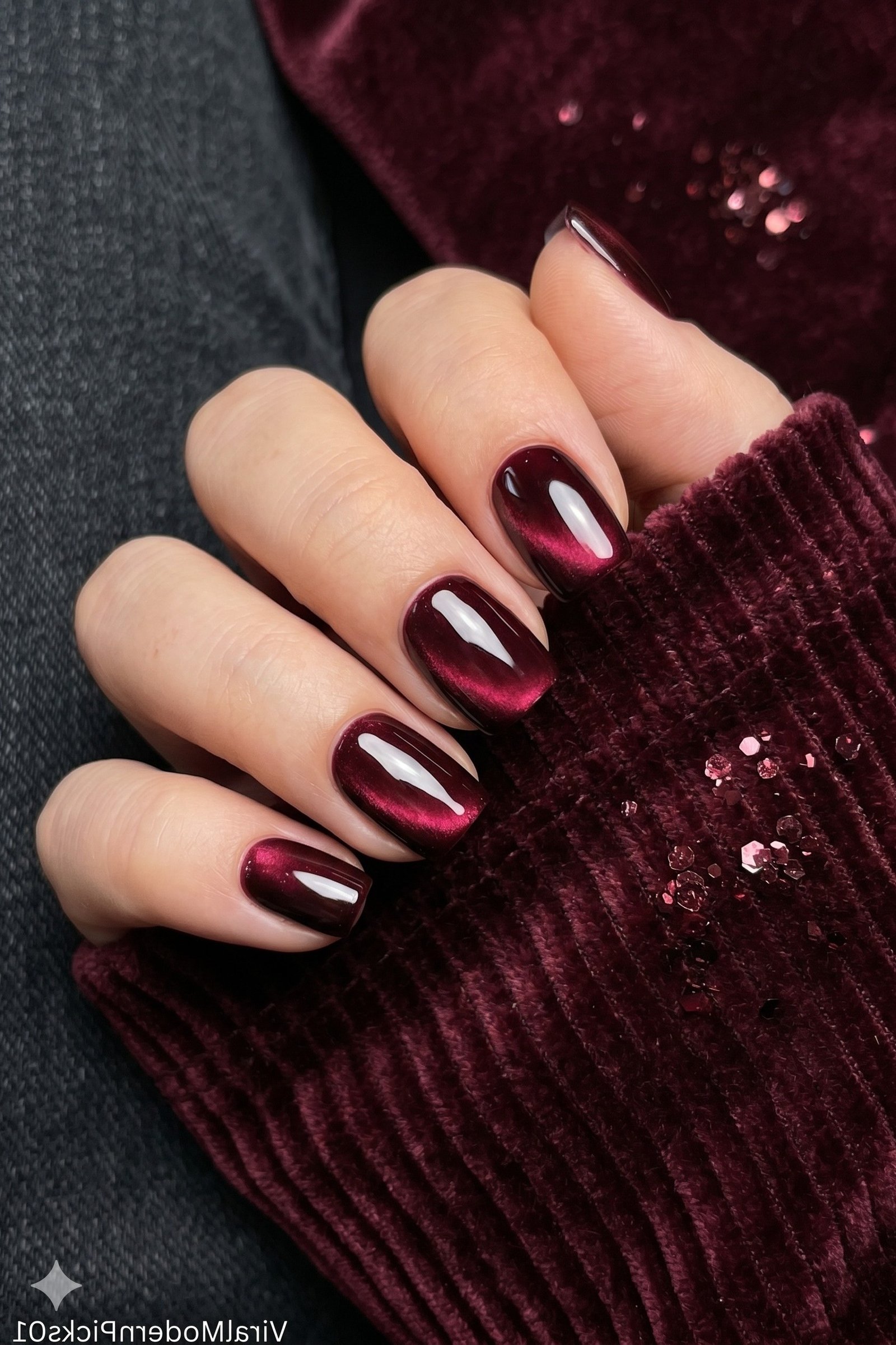 Burgundy Velvet Almond Nails, cashmere velvet nails for women over 50