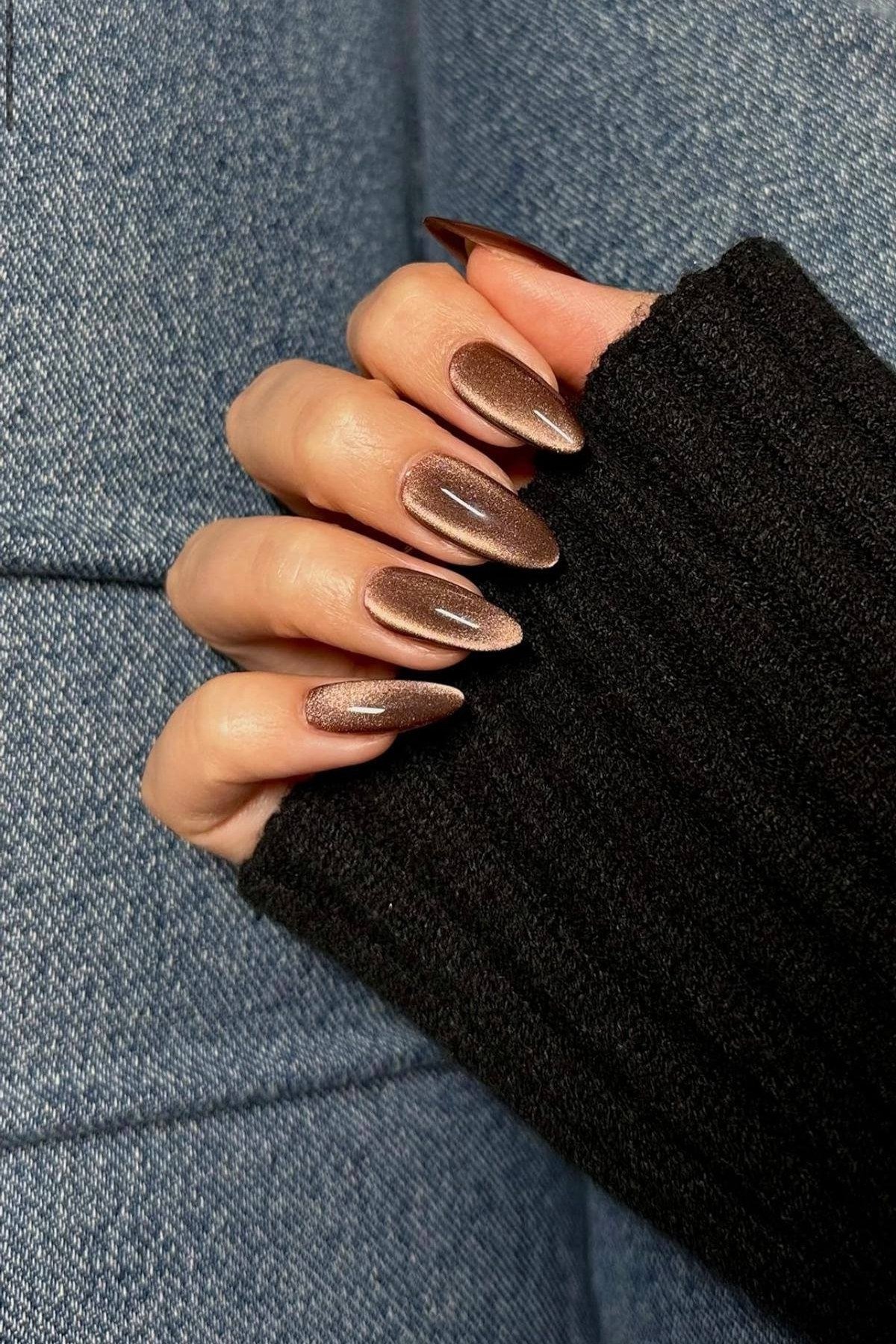 Taupe Cat-Eye Velvet Almond Nails, cashmere velvet nails for women over 50
