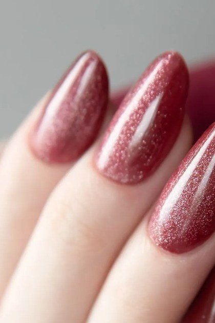 Burgundy Shimmer Velvet Almond Nails, cashmere velvet nails for women over 50