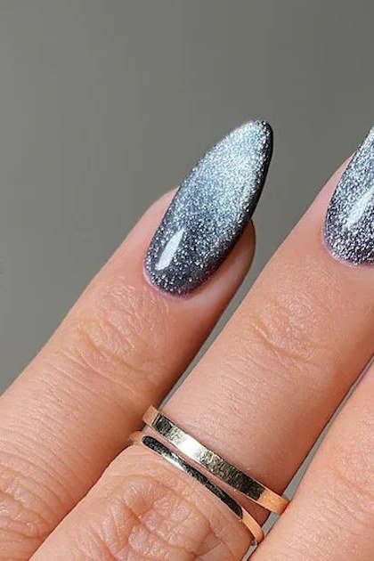 Silver-Blue Velvet Almond Nails, cashmere velvet nails for women over 50