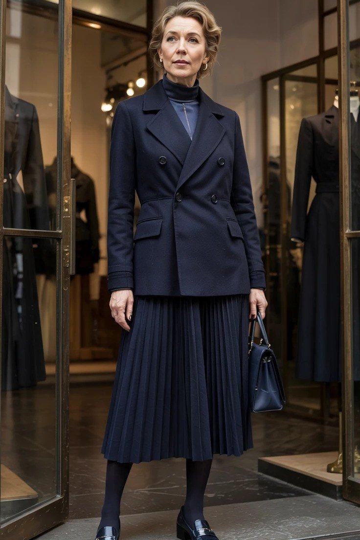 Navy Double-Breasted Suit at the Office Doors