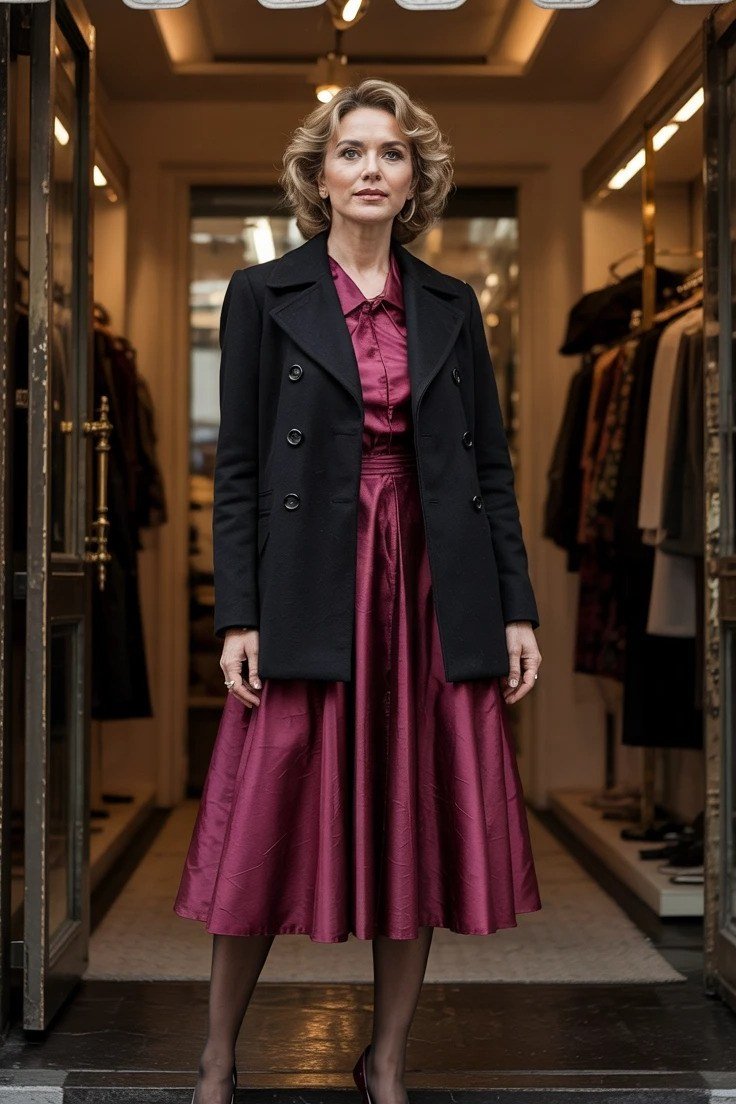 Black Blazer with Burgundy Pleated Dress