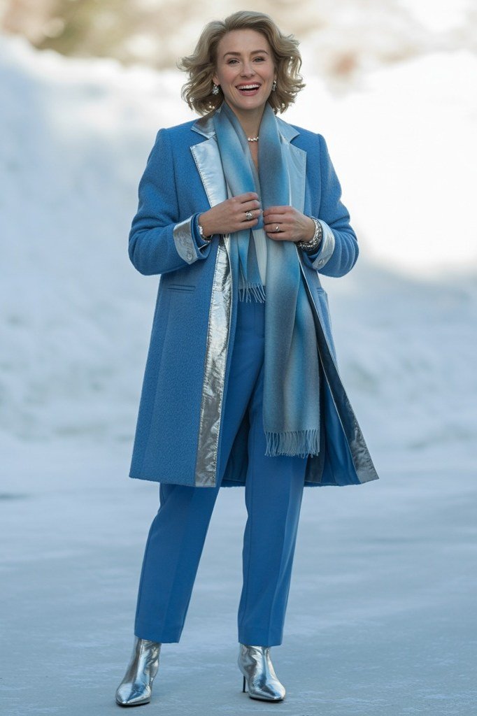 Cobalt Blue Coat with Light Blue Scarf in the Snow