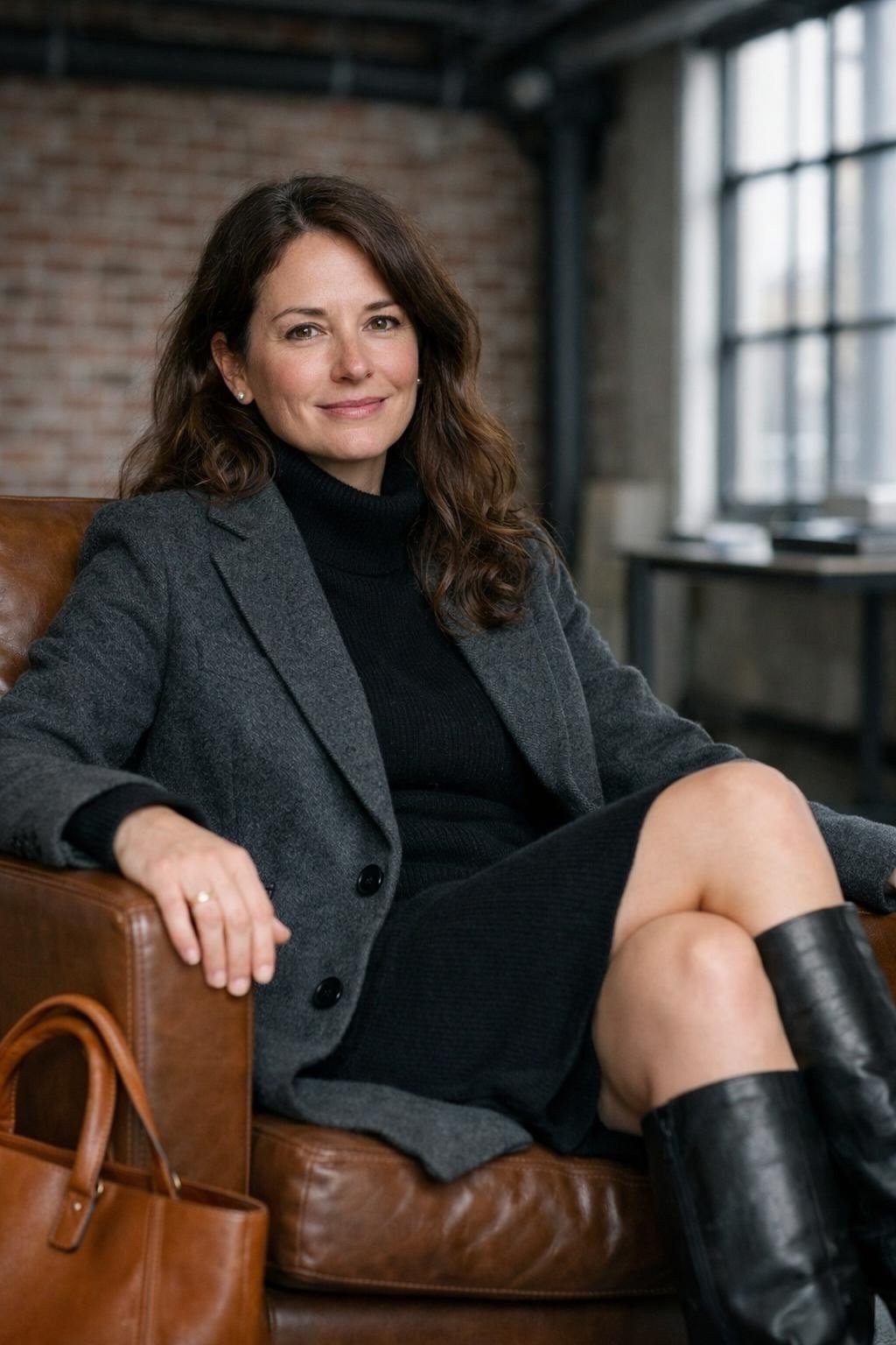 Gray Blazer with Black Dress and Knee Boots
