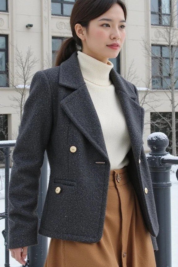 Charcoal Peacoat with White Turtleneck and Tan Trousers