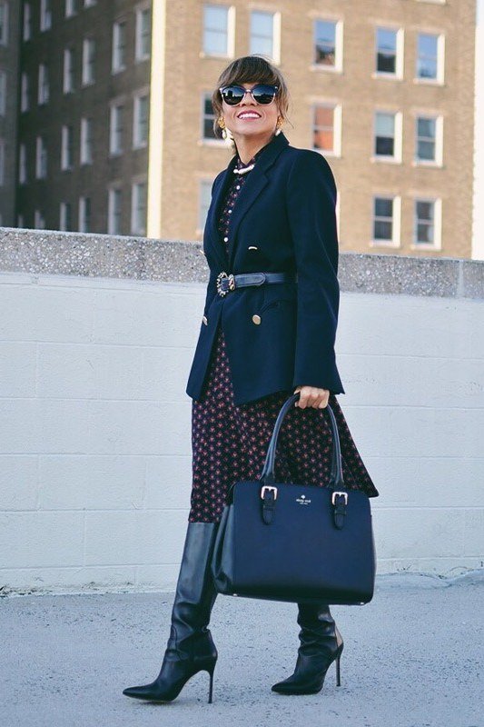 Navy Belted Coat with Patterned Skirt and Knee Boots