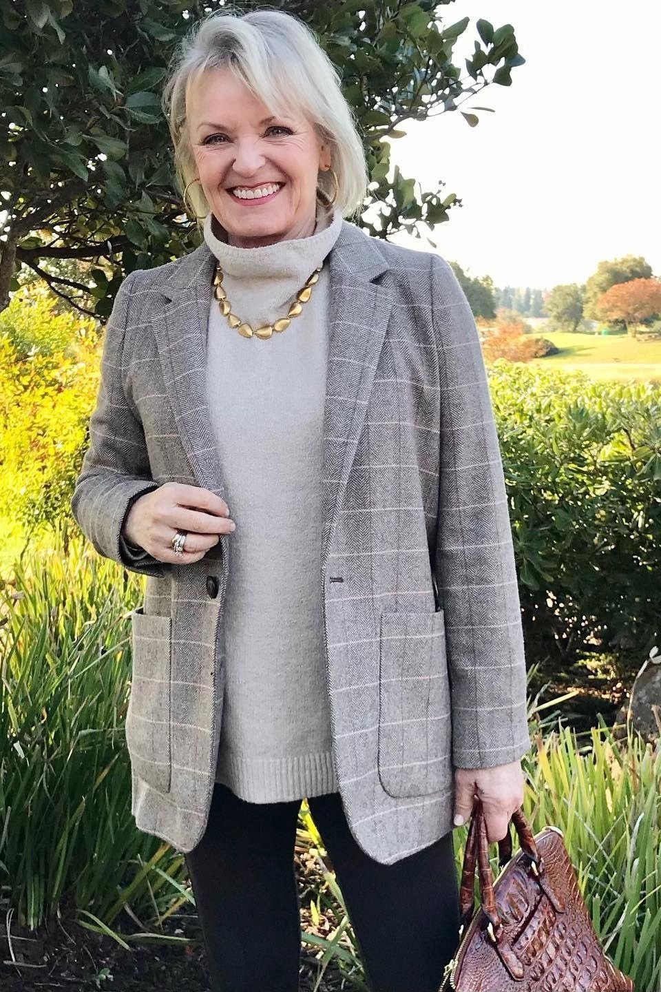 Plaid Blazer with Cream Turtleneck in the Garden