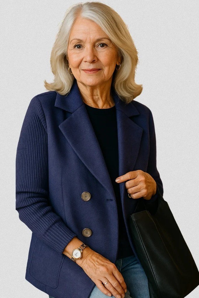 Navy Double-Breasted Blazer with Black Top