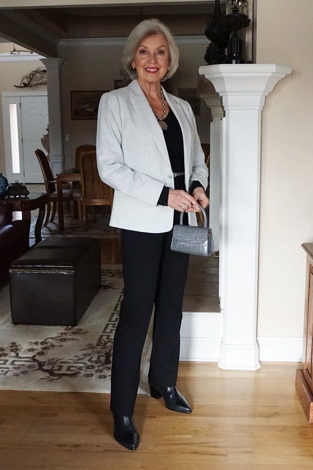White Blazer with Black Top and Wide Pants