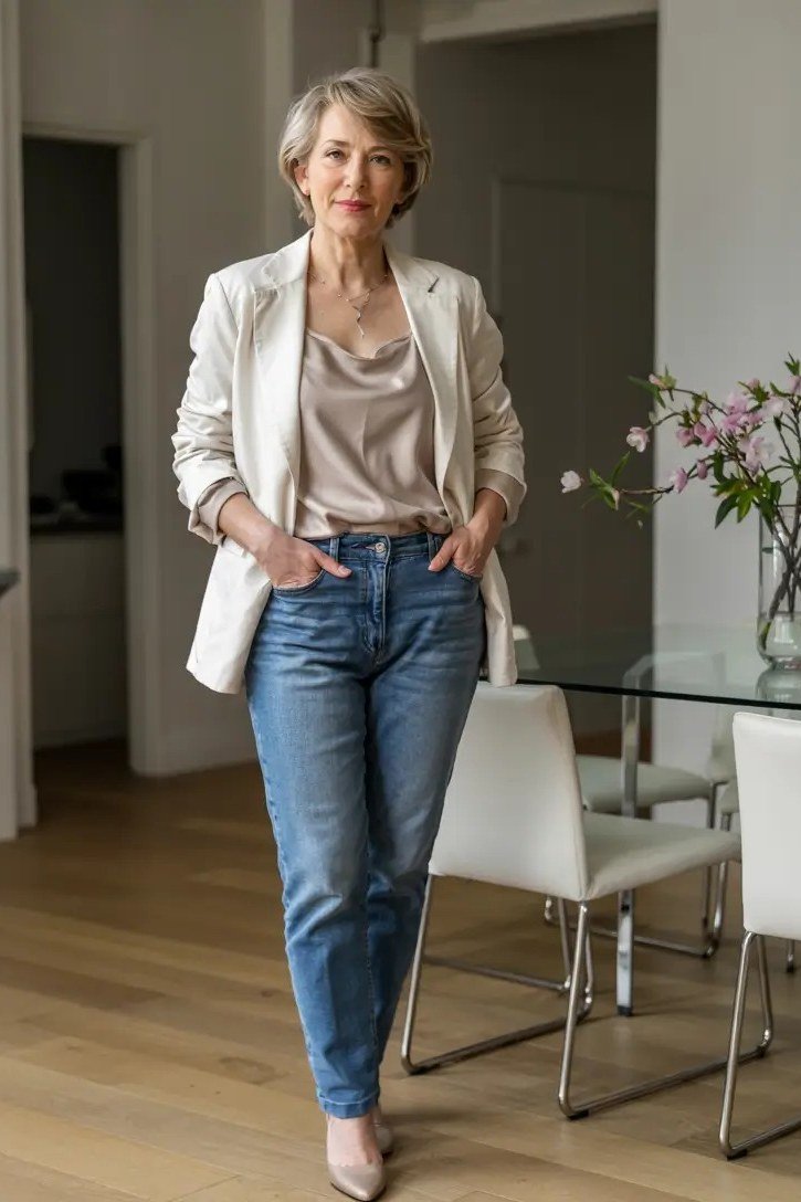 White Blazer with Blue Jeans in the Kitchen