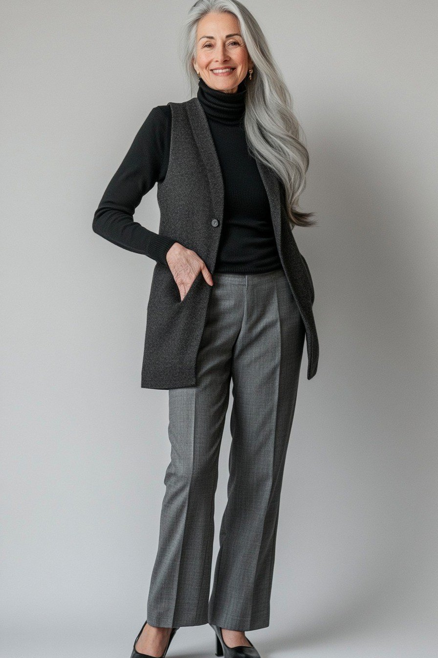 Long Gray Vest with Black Turtleneck and Gray Trousers