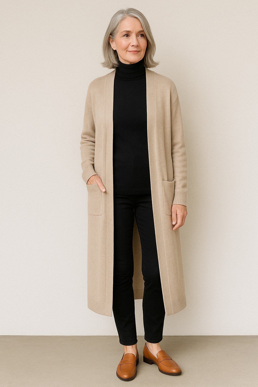 Long Camel Cardigan with Black Turtleneck