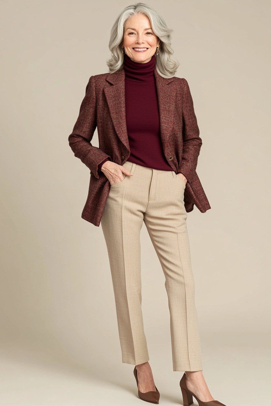 Rust Blazer with Burgundy Turtleneck and Cream Pants