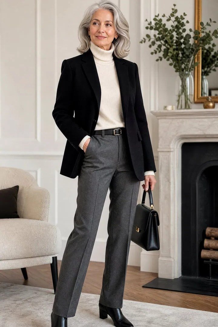 Black Blazer with White Turtleneck by the Fireplace