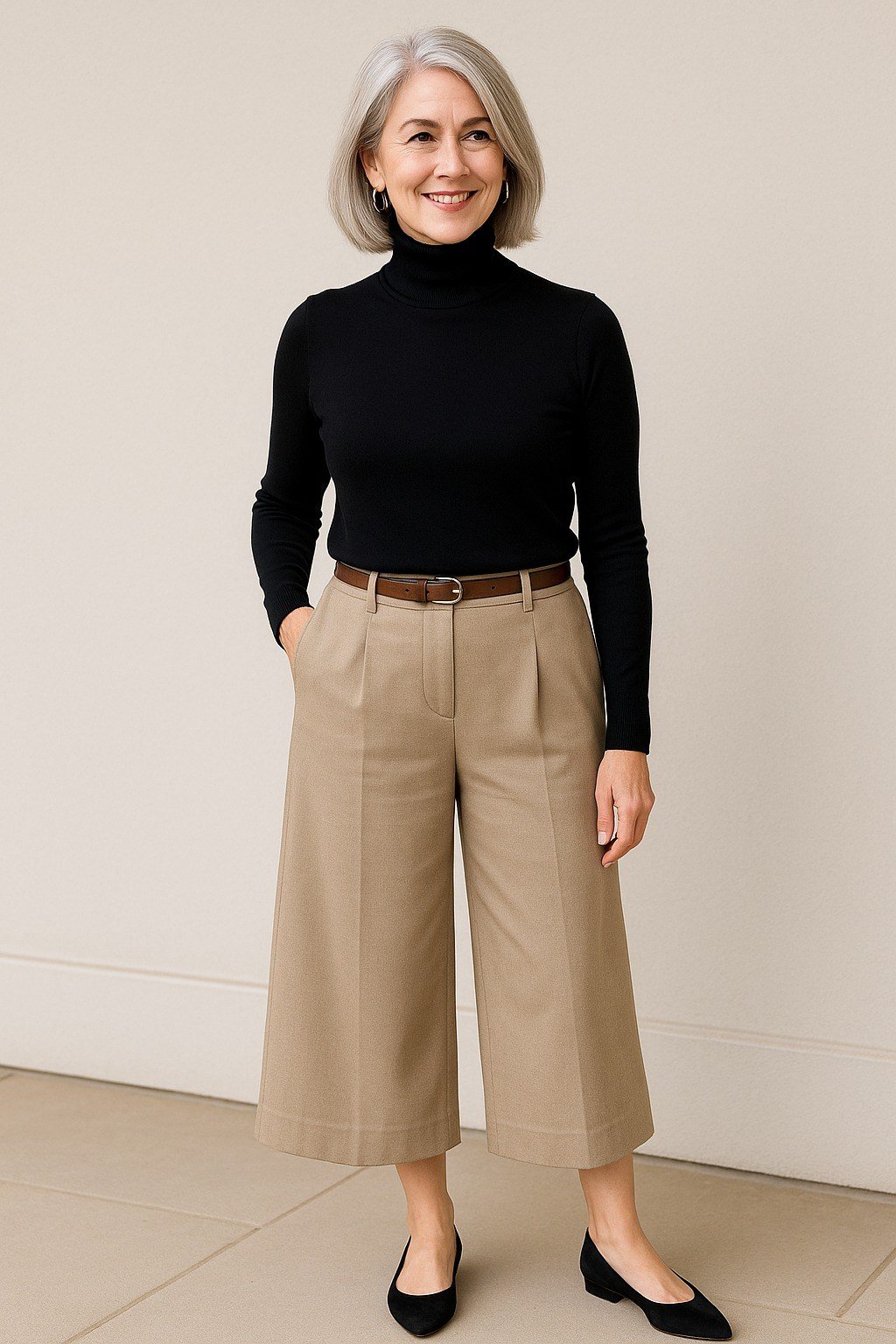 Black Turtleneck with Camel Culottes and Heels