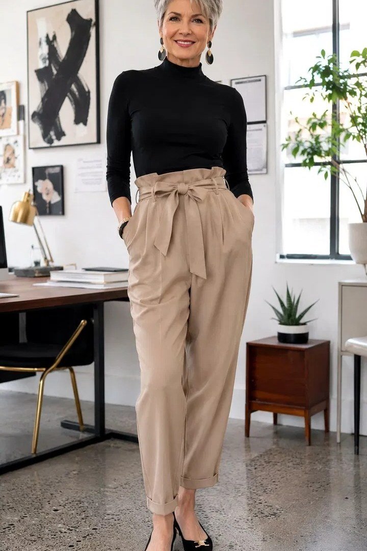 Black Turtleneck with Tan Paperbag Pants